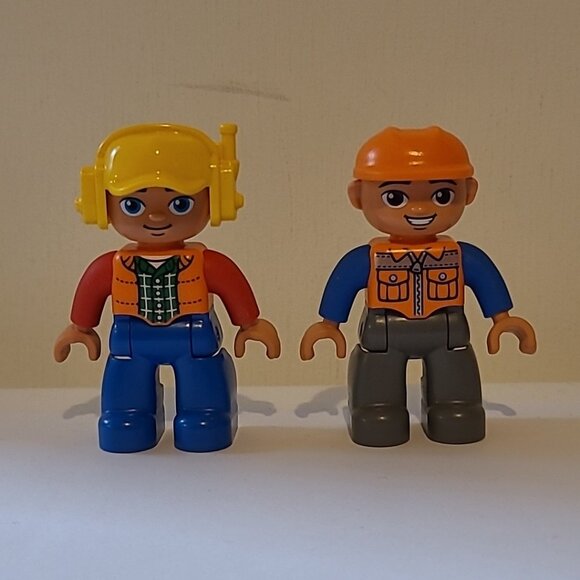 VTG Retro Lego Duplo Construction Worker Figures Yellow And Orange Hats Playset - Picture 1 of 4